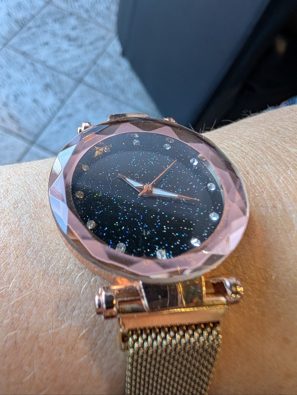Rose Gold Starry Night Sparkle Dial Watch Magnetic Mesh Strap NEW